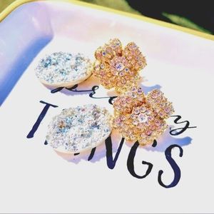Handmade Crystal Flower Druzy Clip-On Statement Earrings NEW
